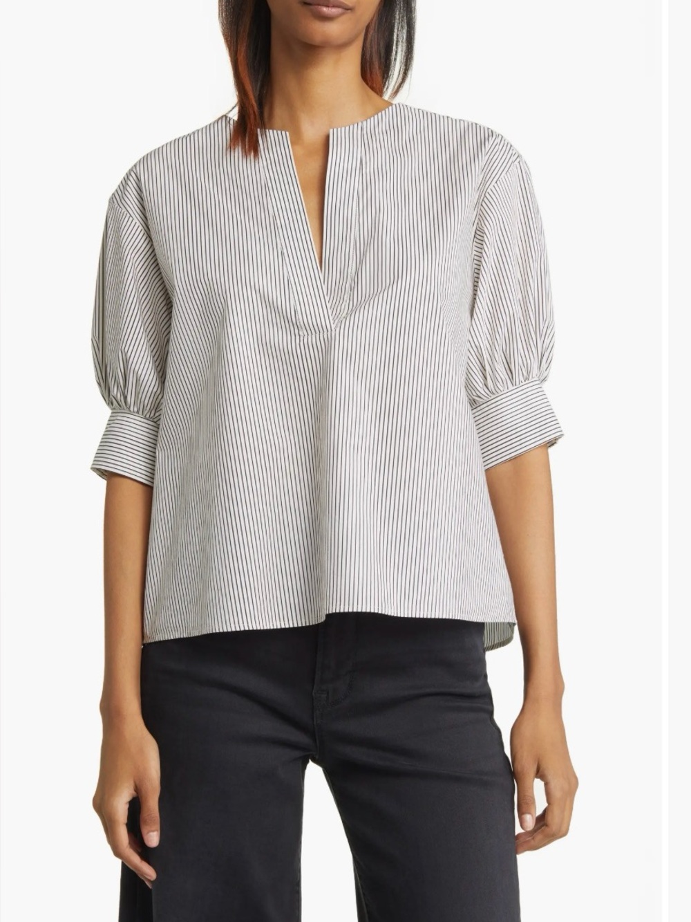 FRAME Striped Split-Neck Organic Cotton Popover Top - White/Black - New with tag